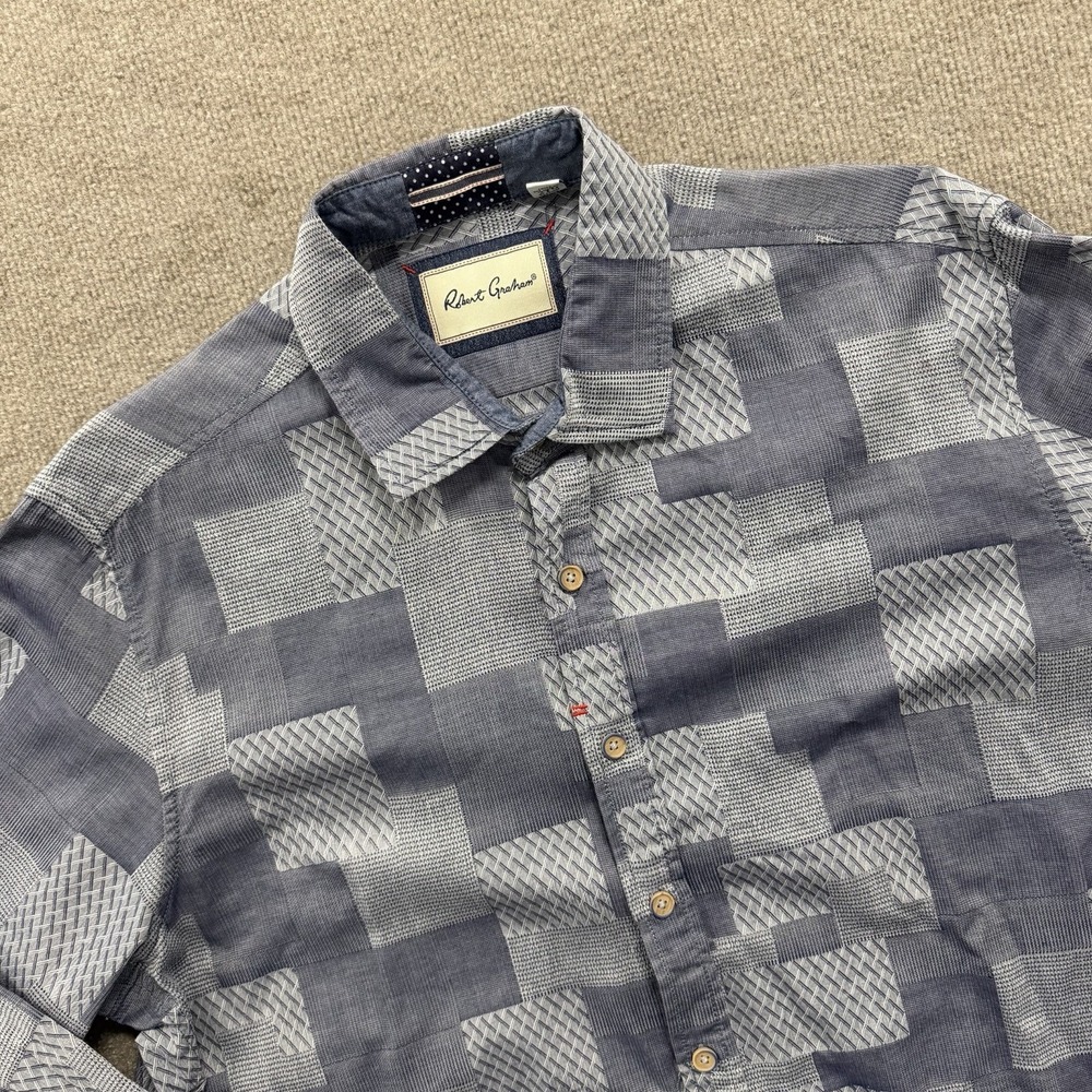 Robert Graham Slate Blue Patchwork Button Front Shirt Men's Sz XXL